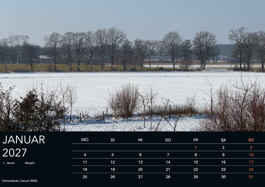 Januar im Wandkalender Heimatwetter 2027: Schneedecke, aufgenommen Januar 2026