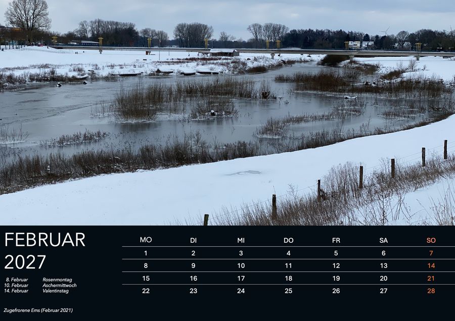 Februar im Wandkalender Heimatwetter 2027: Zugefrorene Ems, aufgenommen Februar 2021