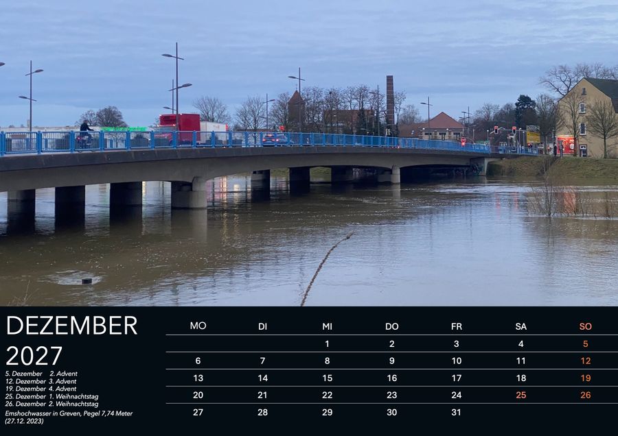 Dezember im Wandkalender Heimatwetter 2027: Emshochwasser in Greven, Pegel 7,74 Meter, aufgenommen 27.12.2023