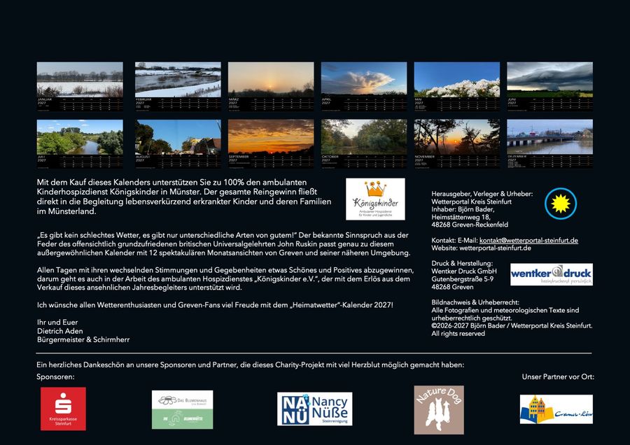 Schlussblatt des Wandkalenders Heimatwetter 2027 mit den Sponsoren und Partnern
